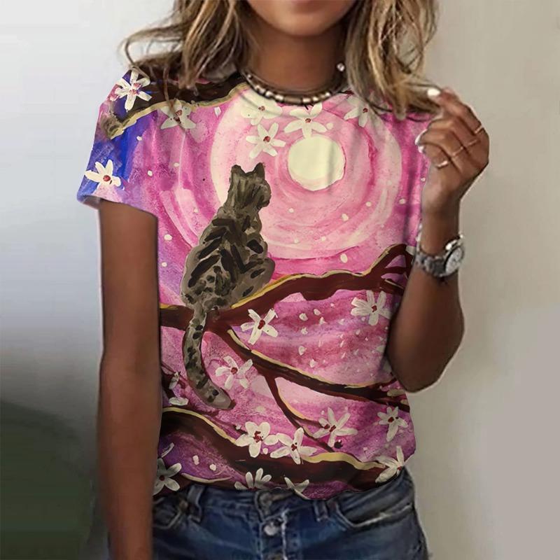 Summer Kitten Pattern 3D Printed Loose Casual Round Neck Short Sleeved T-Shirts Women’s