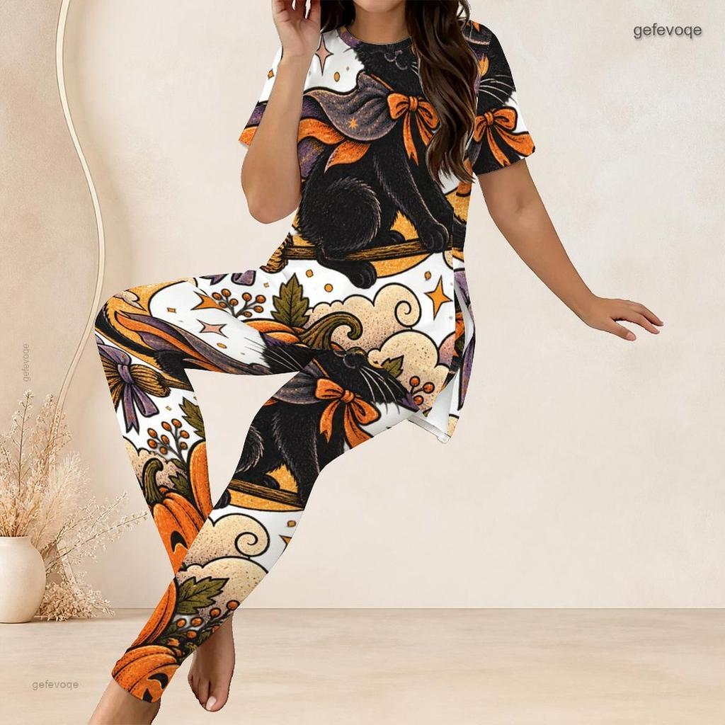 Women Plus Size Two Piece Pants Set Round Neck Short Sleeve Printed Longline Top And Fitted Long Pants