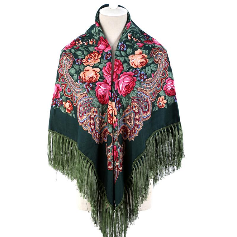 New 130X130Cm Retro Russia National Peony Print Fringe Square Scarf Fashion Sunscreen Lady Shawl Headscarf