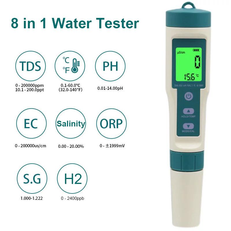 10 in 1 pH Meter Water Tester High Precision Test TDS/PH/EC/H2/ORP/Fertility/Salinity/S.G/Resistivity/Temperature For Aquarium