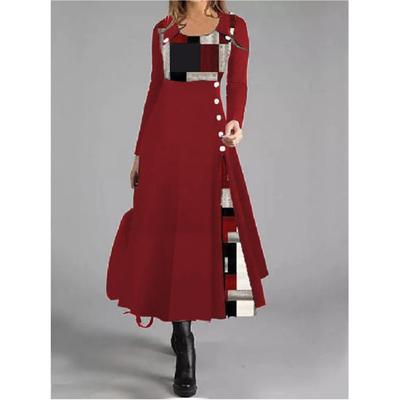 Women's Color-Block Button-Front Round Neck Long-Sleeve Full-Skirt Dress