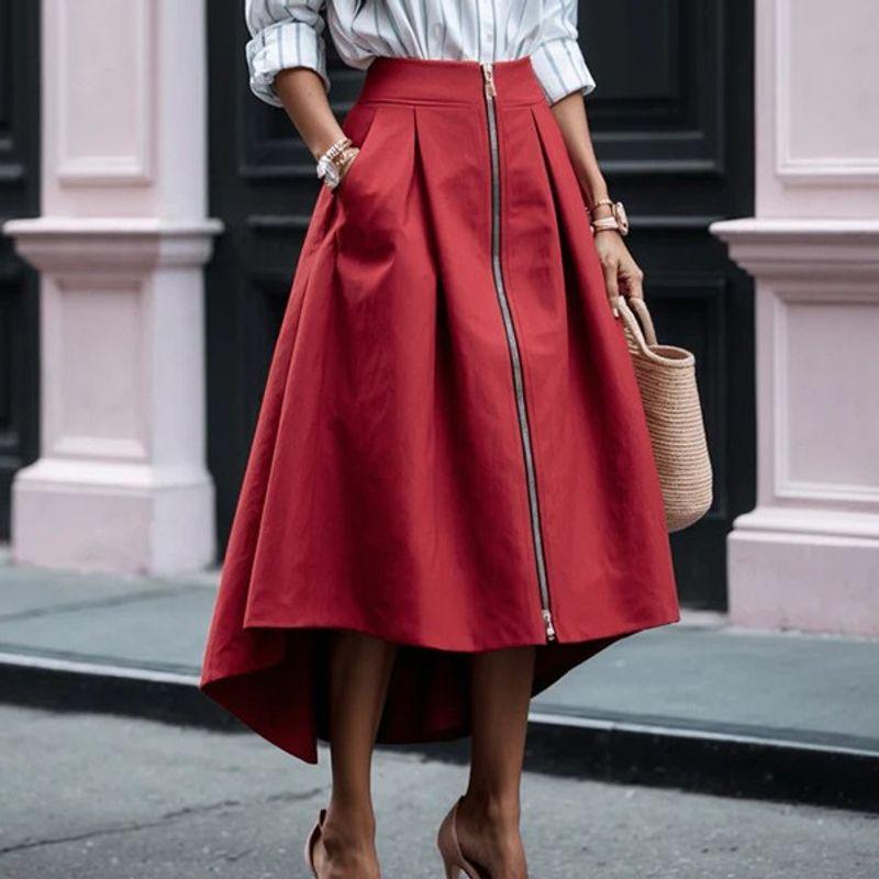 

European and American Women clothes Skirt Solid Zip-up Cardigan Irregular Skirt Pocket Fashion Skirt Red S