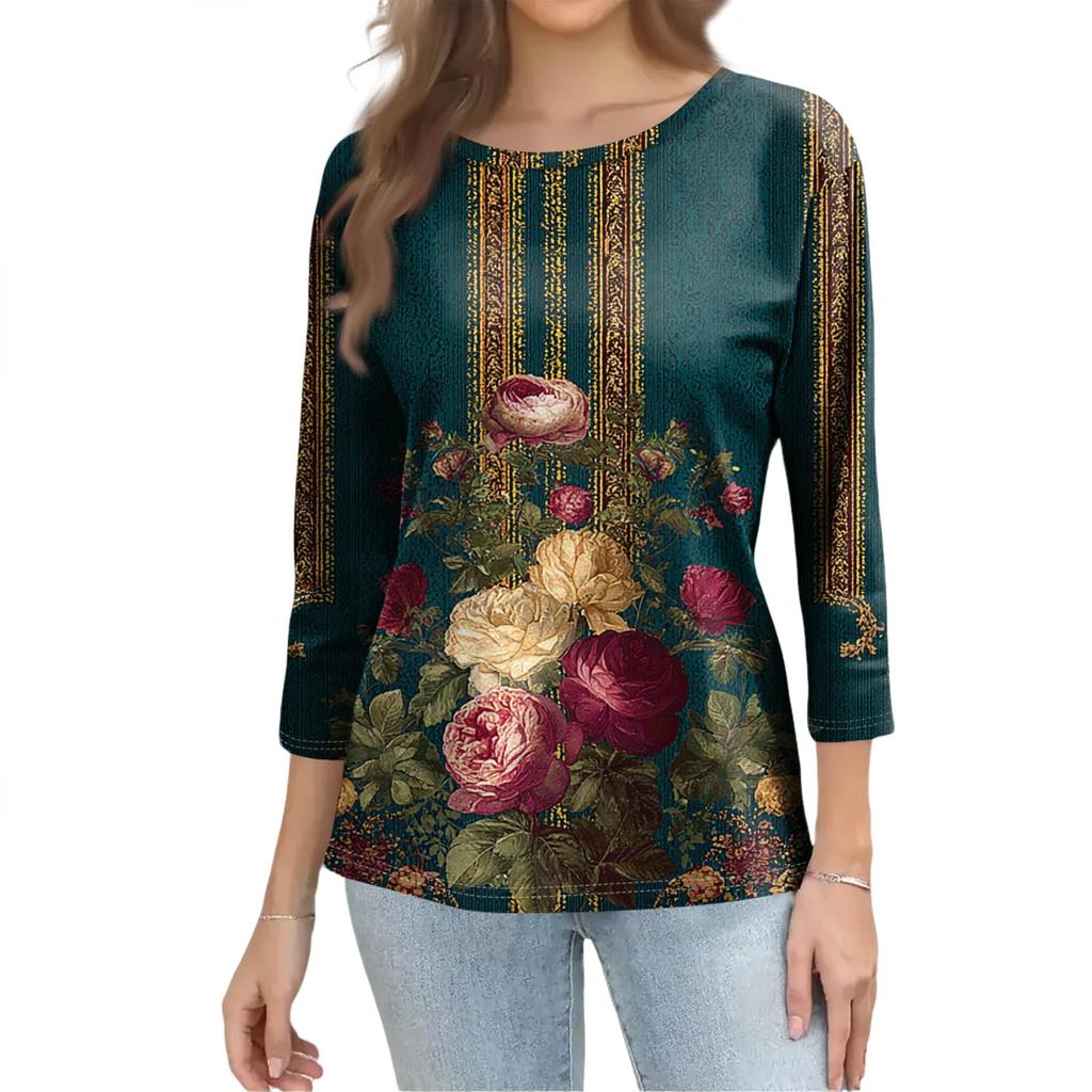 Trendy Vintage 3/4 Sleeve Top For Women,Ladies Casual Three Quarter Sleeve Round Collar Printed T-Shirt Blouse