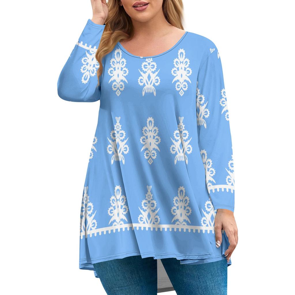 Women's Plus Size Top, Garden Collar Long Sleeved Shirt, Fashionable Floral Print Casual Top