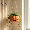 Versatile Tabletop Plant Vessel Pumpkin Shaped Hanging Pot, 4.3 Inch Lightweight Resin Flower Adjustable Decorative Container Rope Mini Pots