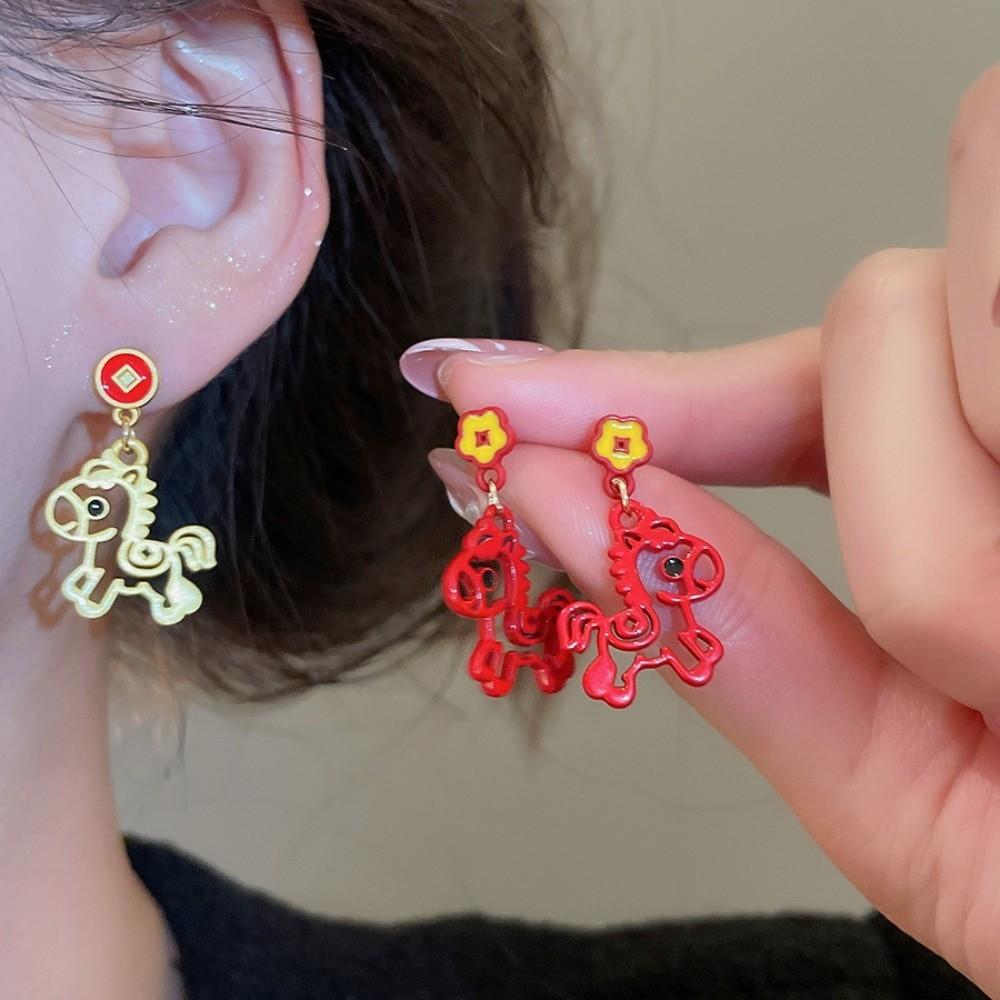 Chinese Style Red Pony Earrings Cartoon Horse Horse Mascot Drop Earrings  Party
