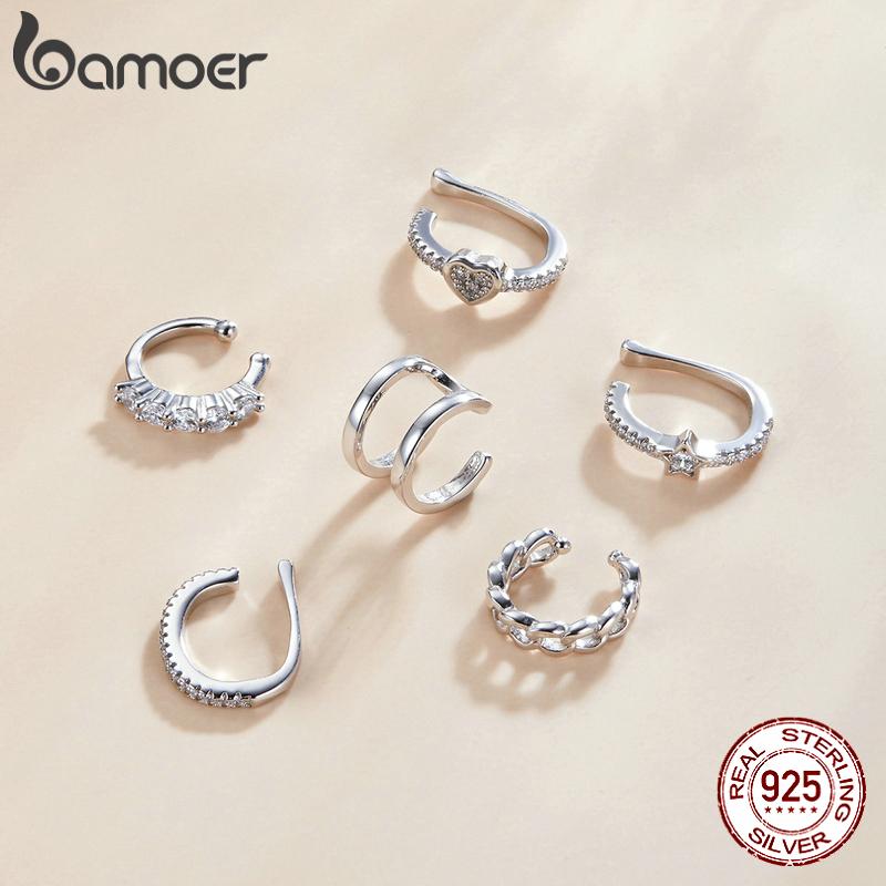 Bamoer Mono-earring Silver Simple Ear Clip Earring 925 Sterling Silver Whilte Zircon Earring Gift for Girl Fine Jewelry SCE1022