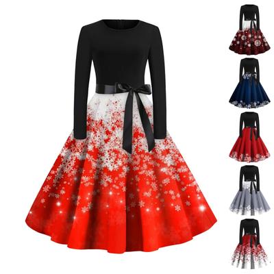 Women's Vintage Classic Dress Long Sleeve Christmas Print Round Neck Swing Dress