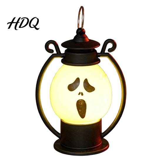 Warm Yellow Light Halloween Ghost Face Night Light Portable Retro LED Lamp with Hanging Battery Operated Ring Vintage Horse Lantern for Indoor