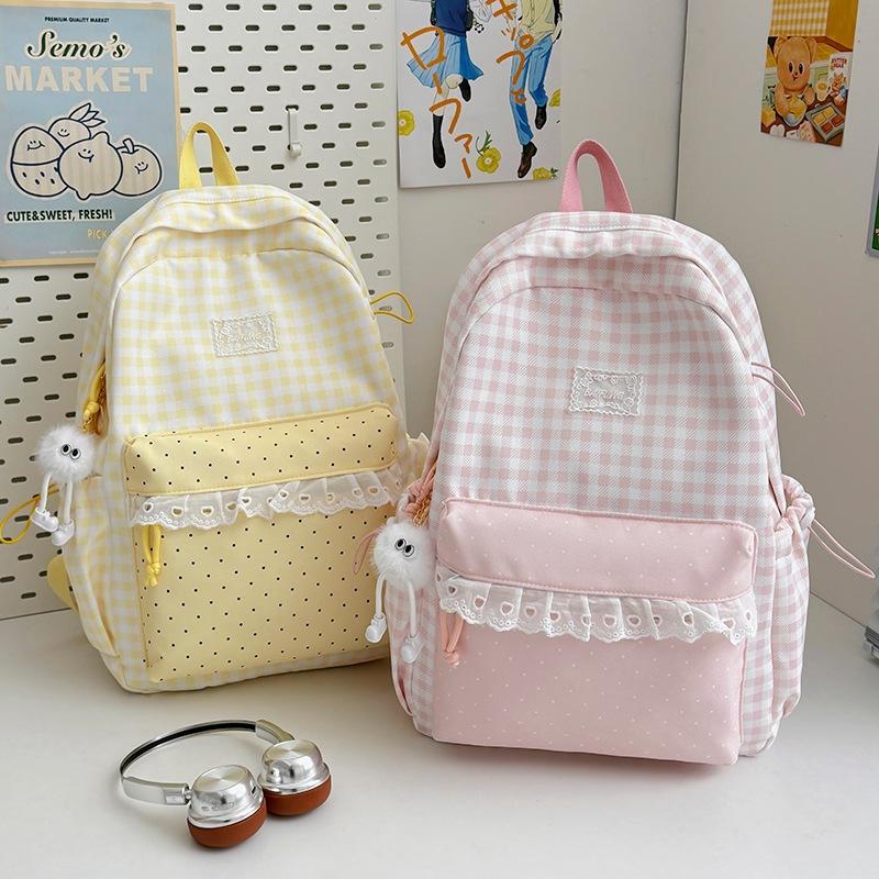 Schoolbag Milk Fufu Plaid Corrugated Lace Girl Heart Travel Small Backpack Japanese Sweet Wind Student Party Backpack
