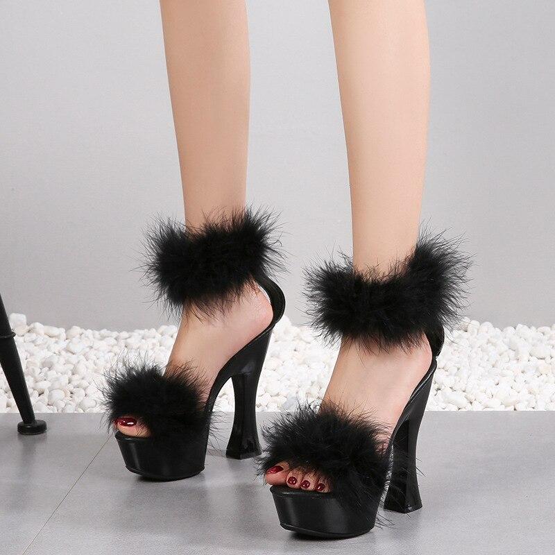 Women's Shoes High Heeled Nightclub Solid Color Thick Heel Mink Hair Fairy Catwalk 1106 Series 14cm Heel 4cm Platform LFD