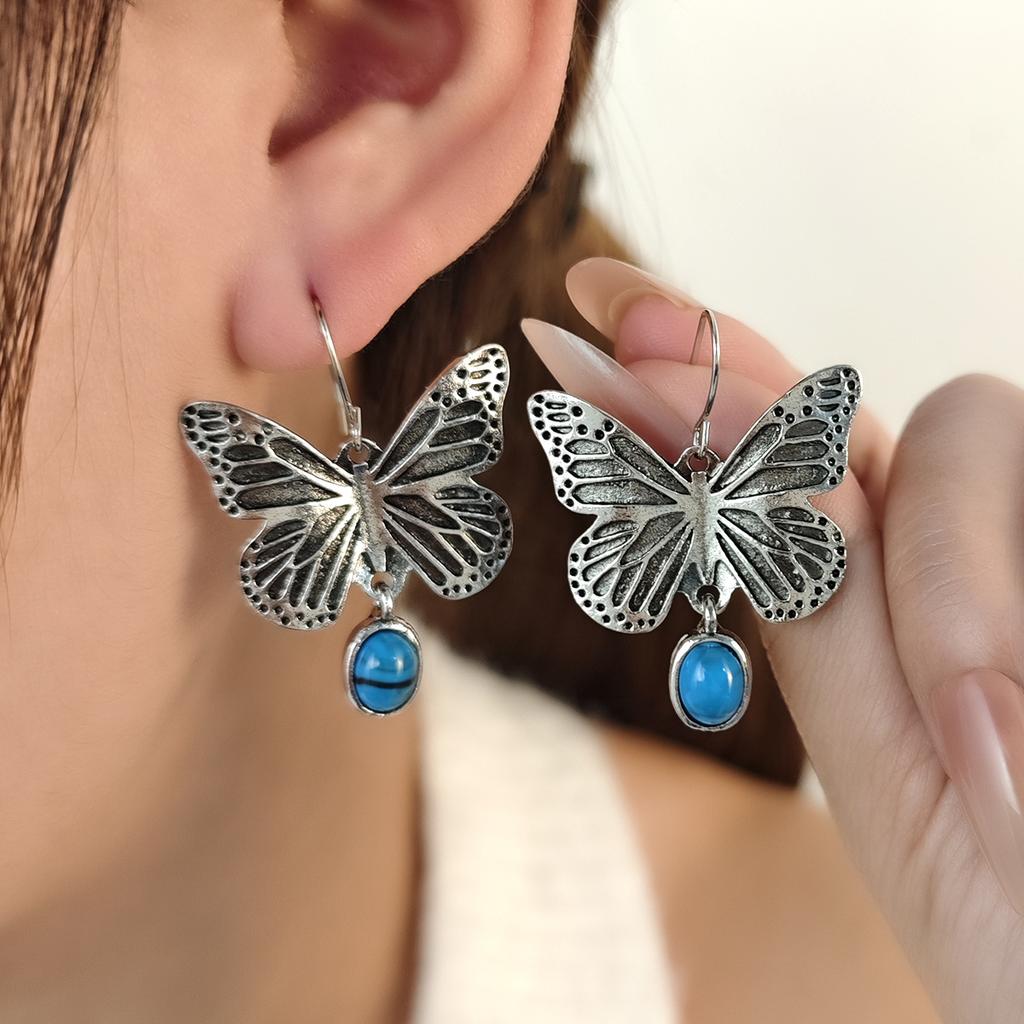 Retro Butterfly Blue Round Bead Ear Hook Female, National Style, Hong Kong Style, Personality Trend Temperament, Simple Earrings