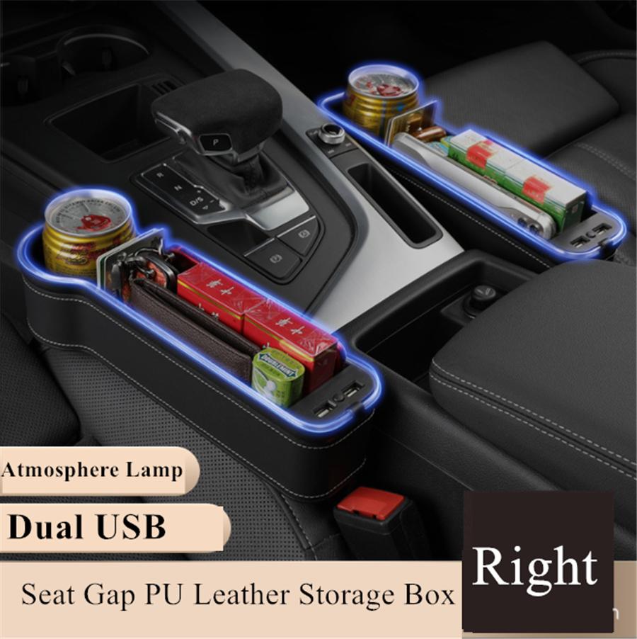 Led Atmosphere Light Car Seat Crevice Storage Box Usb QC3.0 Charging Port Seat Box Stowing Tidying Cup Card Phone Holder Accessories Right Side