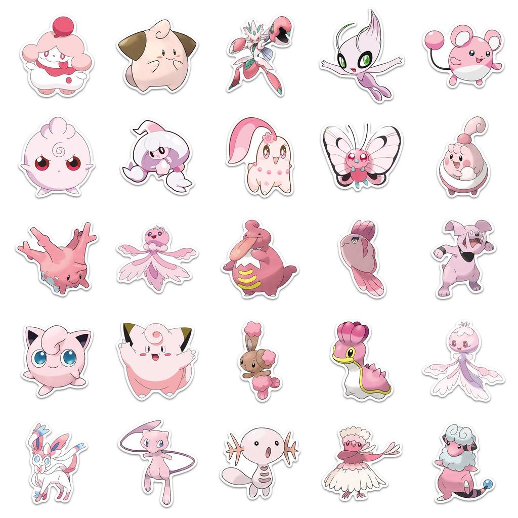 50 Pink Pokémon Anime Stickers for Notebooks, Luggage, and Skateboards