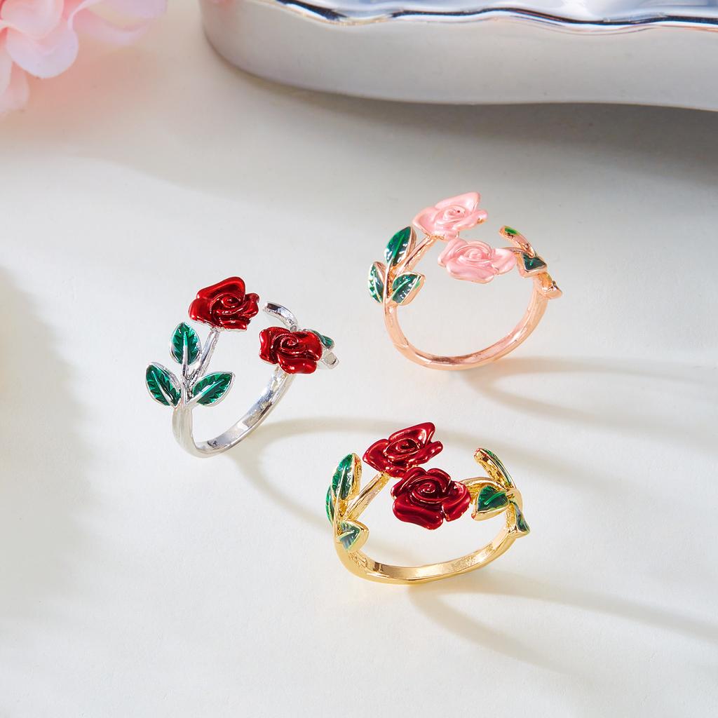 Retro Dripping Oil Pink Flower Bracelet Ring Set For Women Vintage Simple Gold Color Open Cuff Bracelet Party Wedding Jewelry Gift