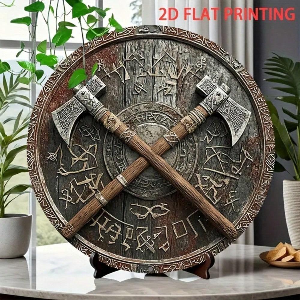 Scudo da Battaglia Vichingo Ascia Poster Metallico 8 Pollici Targhetta di Ferro Decorazione da Parete Robusta Rustica Segno Norreno