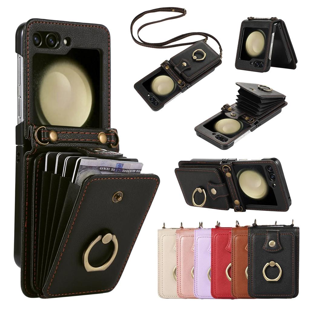 Crossbody Leather Cards Solt Wallet Bag Case For Samsung Galaxy Z Flip 7 6 5 4 5G Flip5 Finger Ring Holder Lanyard Pocket Cover