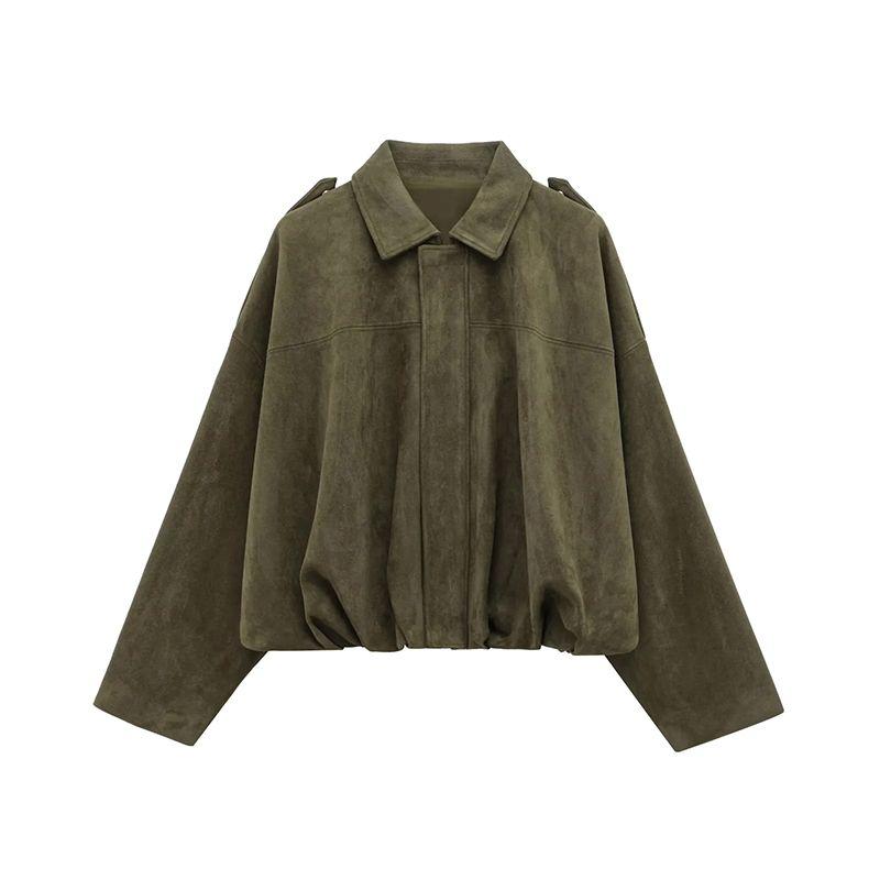 

Paddington Fall American vintage Street Gyaru Suede Zip-up Lapel Loose Casual Jacket All-Matching Outerwear Army Green M