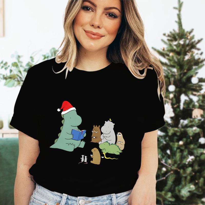 Christmas Cartoon Dinosaur Girls Clothing Crew Neck Funny Festive Premium Tshirt Cute Dinosaur Merry Christmas Gift Tshirts