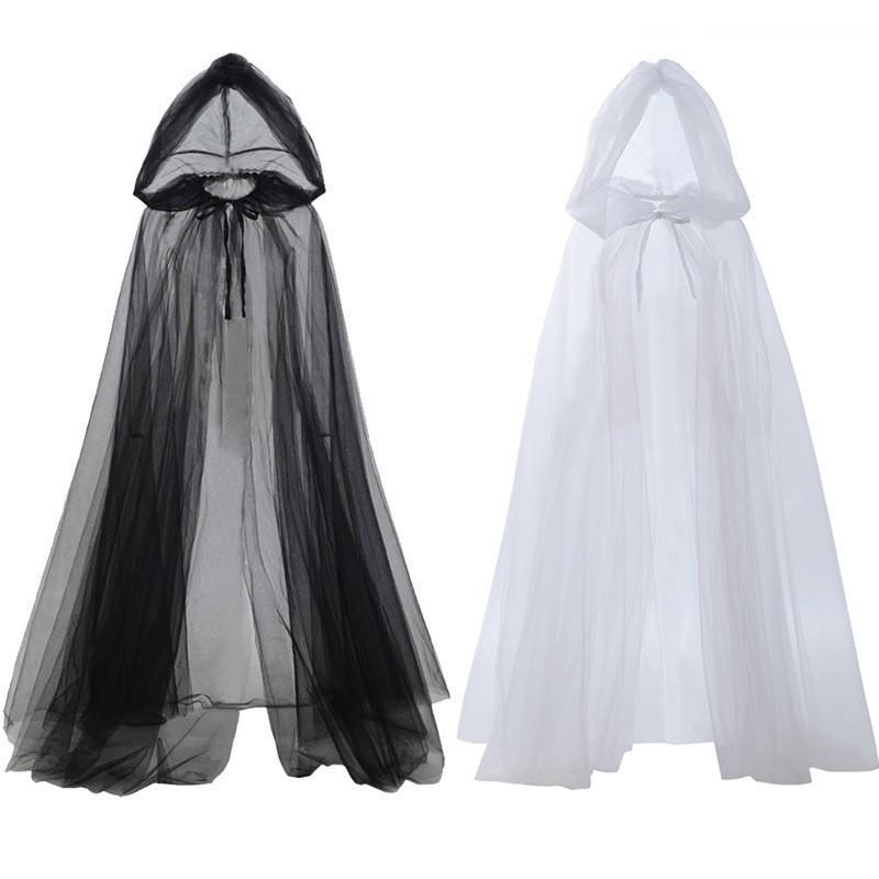 Medieval Gothic Mesh Hooded Cloak Long Black White Tulle Witch Cape Unisex Halloween Vampire Death Cosplay 150cm Robe Costume