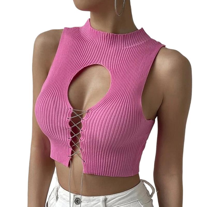 Women Crochet Knit Tank Top Y2K Hollow Out Button Down Sweater Vest Sleeveless V Neck Knitted Crop Top Streetwear