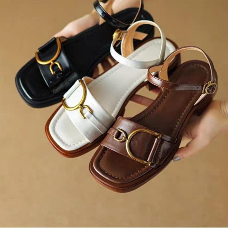 Fashion Women's Sandals Hot Sale Leather Low Heels Casual Women Metal Decoration Low Thick Heels Summer Walk Sandals
