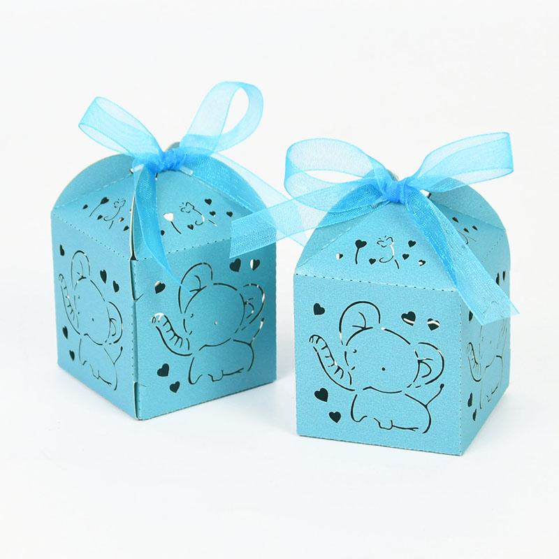 10/50pcs Baby Blue Elephant Candy Gift Box Hollow Paper Chocolate Treat Box Boy Girl Baby Shower Supplies Birthday Party Decor