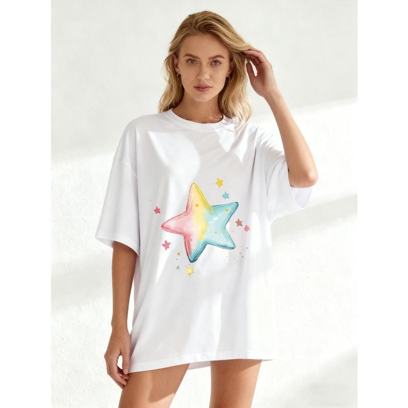 Oversize Women's Short-Sleeve T-Shirt with Pink-Yellow-Blue Gradient Star and Colorful Little Stars Print