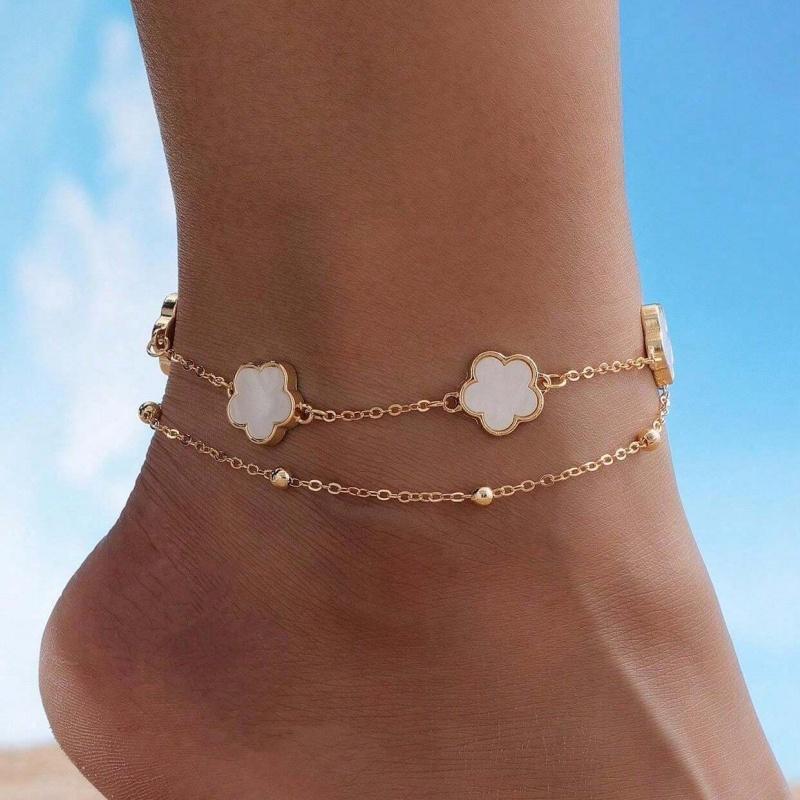 Delicate Double Layer Five-Leaf Clover Anklet for Women Exquisite Lucky Floral Summer Beach Hoilday Jewelry Gifts
