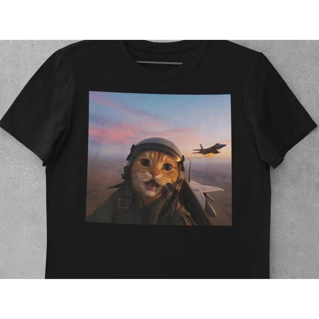Funny Scared Fighter Pilot Cat T Shirt Jet Aviator Meme Gen Z Weird Brainrot Absurd Joke Casual Vintage Washed Comfortable