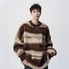 Unisex Mohair Round Neck Color Block Stripe Sweater - Autumn/Winter Casual Loose Fit
