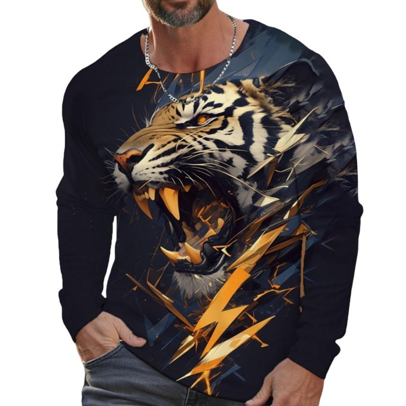 Tiger Graphic T Shirt Long Sleeve T-Shirt for Men Clothing Casual Tee Shirts Fashion 3D Animal Print Tops Vintage Men's Clothing