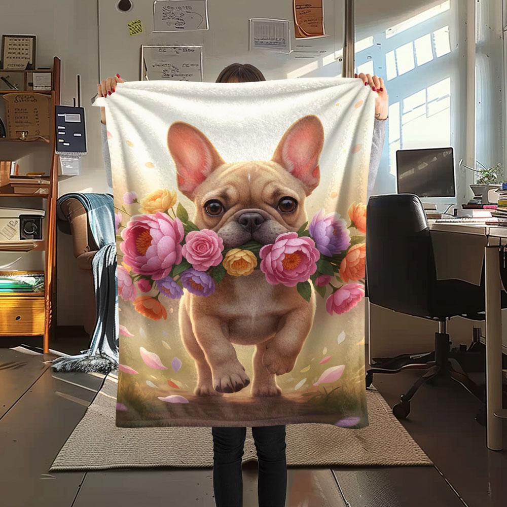 1Pc DogsandFlowers Print Flannel Blanket, High quality Comfortable for All Seasons, Home Decor, Warmth and Comfort, Perfect for Christmas Gifts