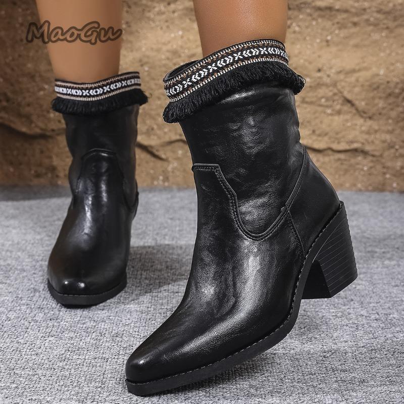 Fashion 2025 Autumn New Large Size36-43 British Style Fringe Decor Fashion Boots Chunky High Heel Short Boots for Women Botas Para Mujer