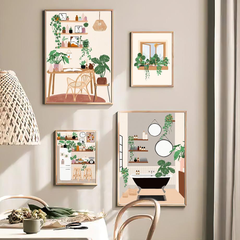 Boho Monstera Zimmerpflanze Abstraktes Lebensstil Wandkunst Leinwandmalerei Nordische Poster und Drucke Für Wohnzimmer Innendekor