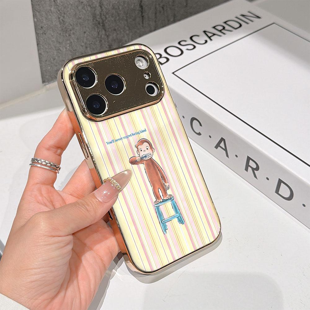 Lucky Start Phone Case For iPhone 17 16 15 14 13 12 11 Pro Max 16E Gold Electroplated glass shell Brushing Monkey Cover