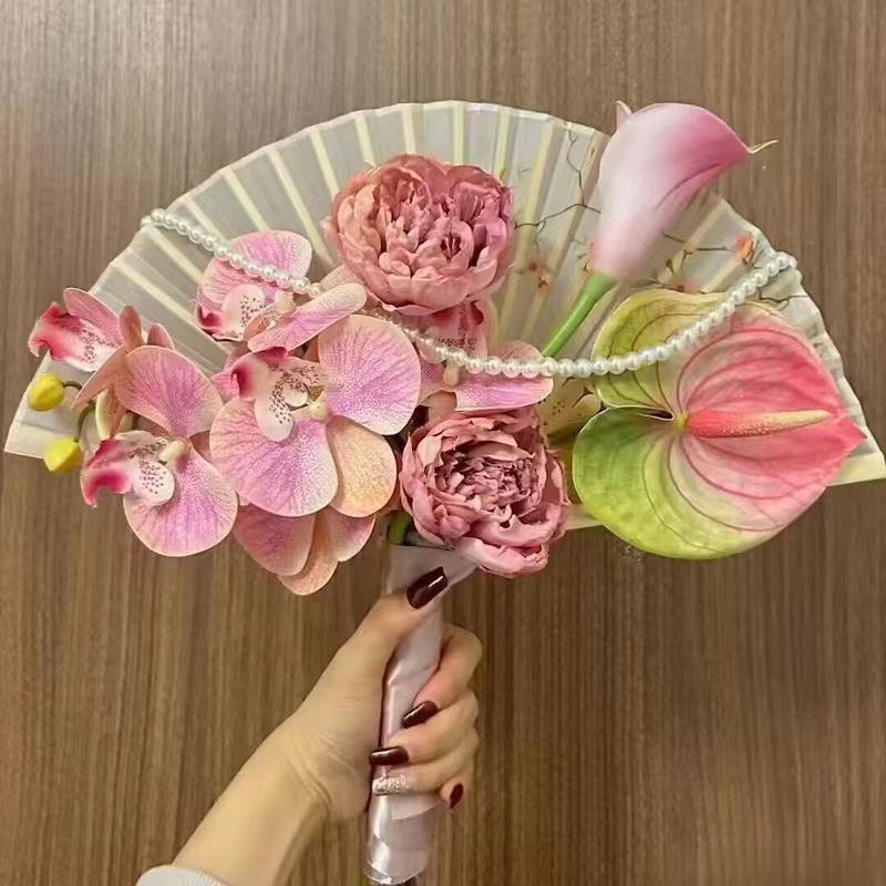 New Chinese Style Bride Folding Fan Bouquet for Engagement or Robe Accessory