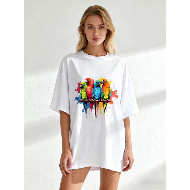 Übergroßes Damen-Kurzarm-T-Shirt mit buntem Papageien-Aquarelldruck
