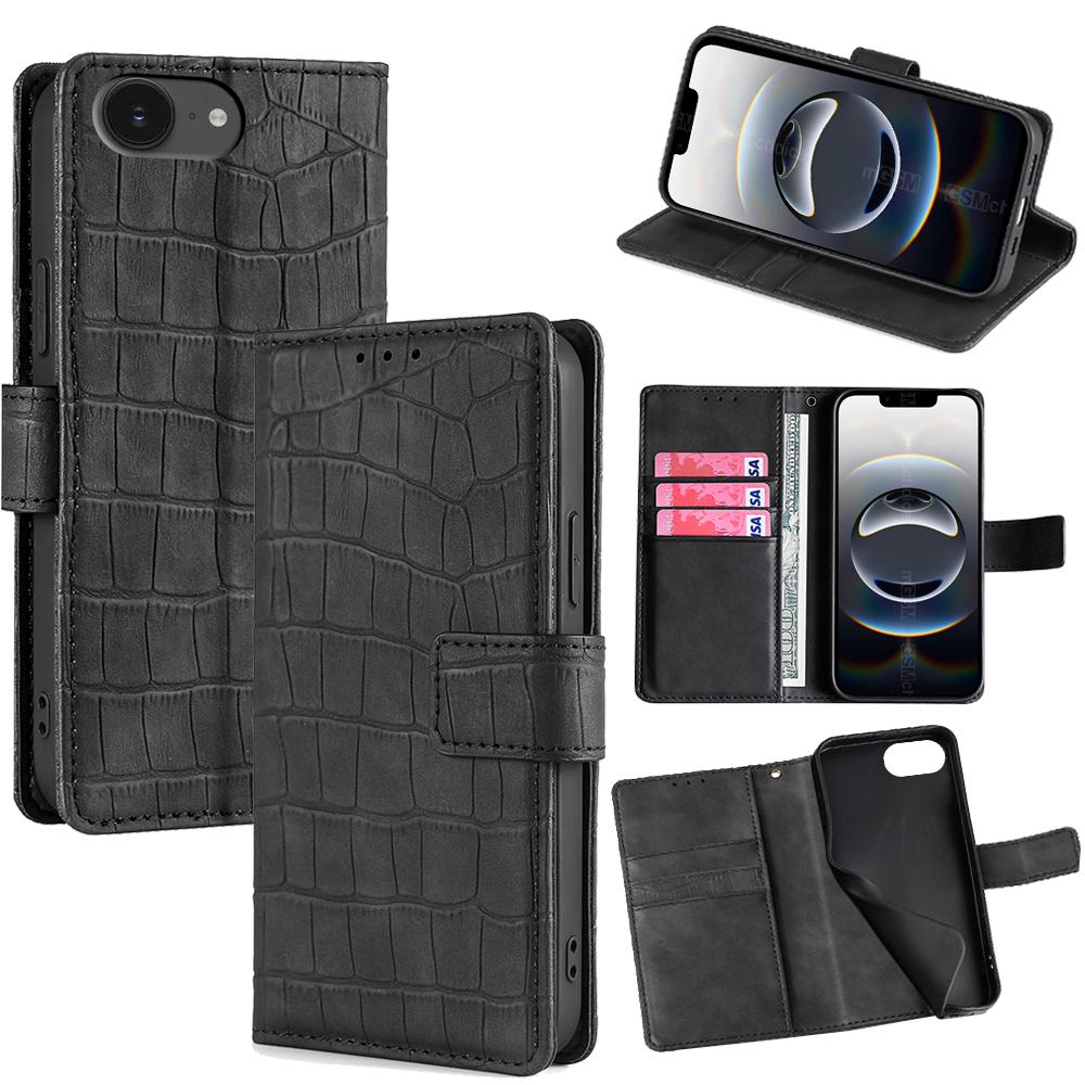 

For iPhone 16e Leather Case Wallet Stand Crocodile Texture Mobile Phone Cover A