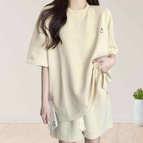 2 ks/sada O-neck s krátkým rukávem Ležérní outfit Elastický pas Kapsy se stahovací šňůrkou Dámské Jednobarevné tričko Široké nohavice Set Streetwear