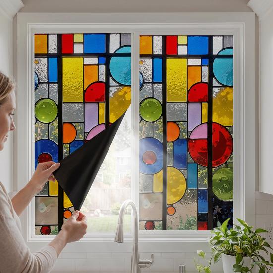 Static Cling Window Film, Full Blackout, Colorful Geometric Privacy UV Blocking, Reusable Heat Insulation Window Sticker for Home Office