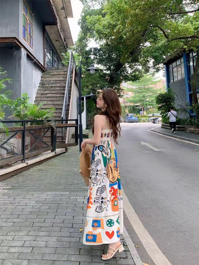 Retro Ethnic Spaghetti Strap Graffiti Print Summer Beach Dress