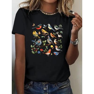 T-shirt da Donna Girocollo Manica Corta Stampa Floreale Uccello Vivace Casual Regalo Vacanza Amante della Natura Top