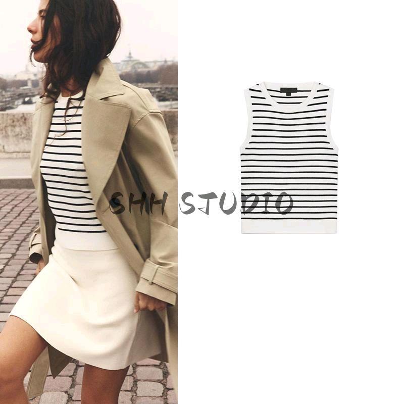 Spring New Women clothes European and American All-Match Stripe round Neck Sleeveless Simple Knit vest Top 5755030