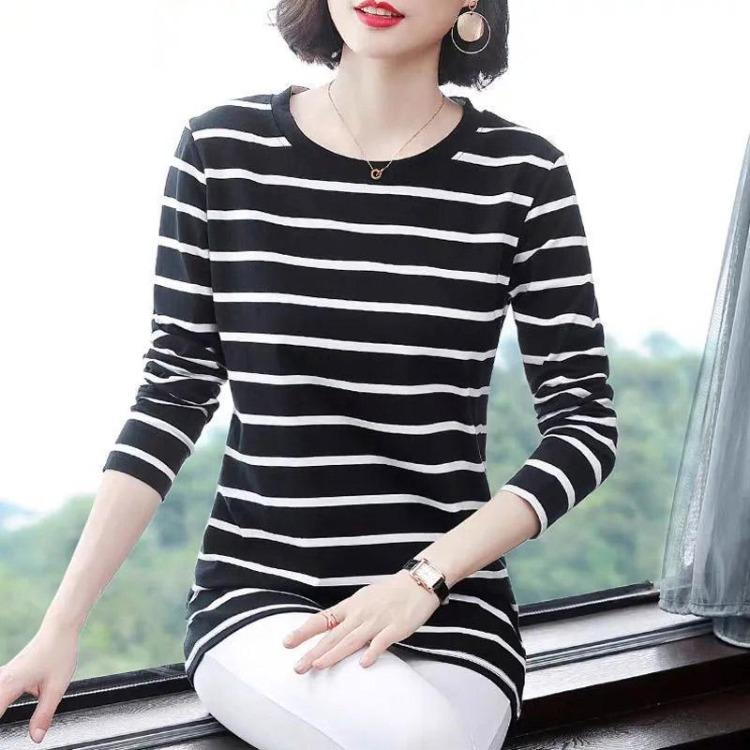 Casual Striped Pullover Shirt Long Sleeved Round Neck Tops for Women Slim Fit