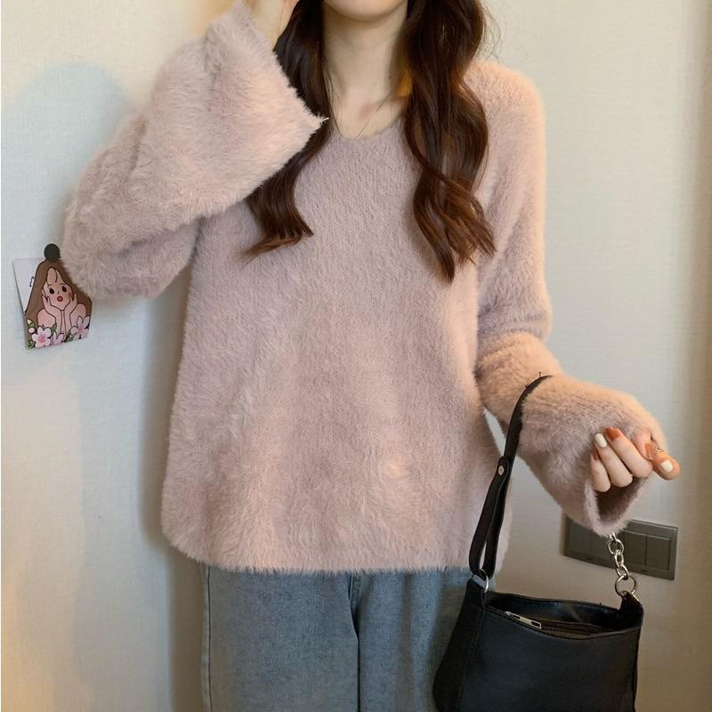 Autumn Winter V Neck Long Sleeve Pullover Women Sweater Female Solid Color Loose Office Knitted Tops Fashion Elegant Simple Clothing
