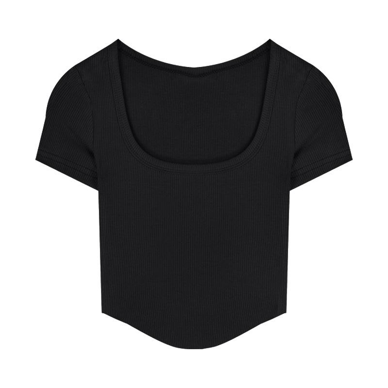 

Threaded T-shirt women s summer new irregular high waist sexy babes short tight and thin short-sleeved top S чёрный