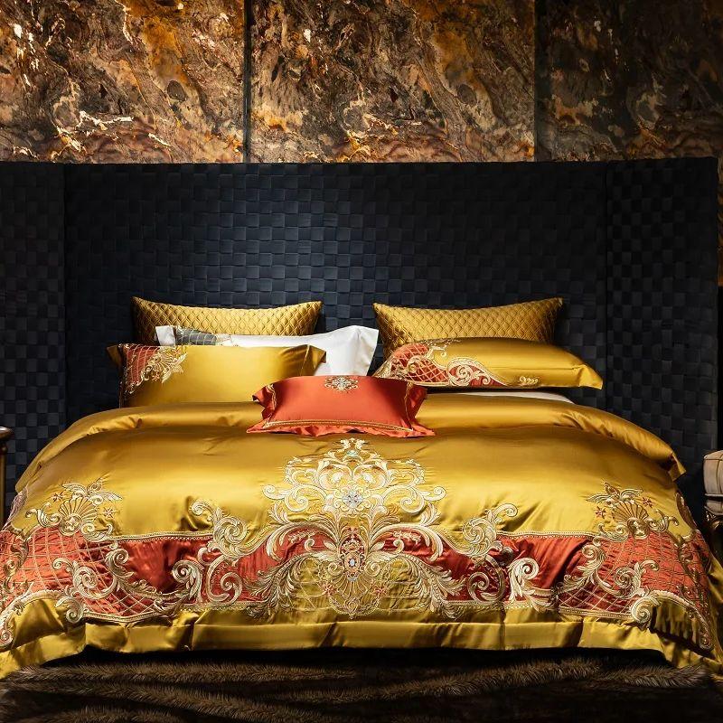 4/6/7Pcs European Luxury Gold Embroidery Satin 1000TC Egyptian Cotton Bedding Set Soft Silky Duvet Cover Bed Sheet Pillowcases