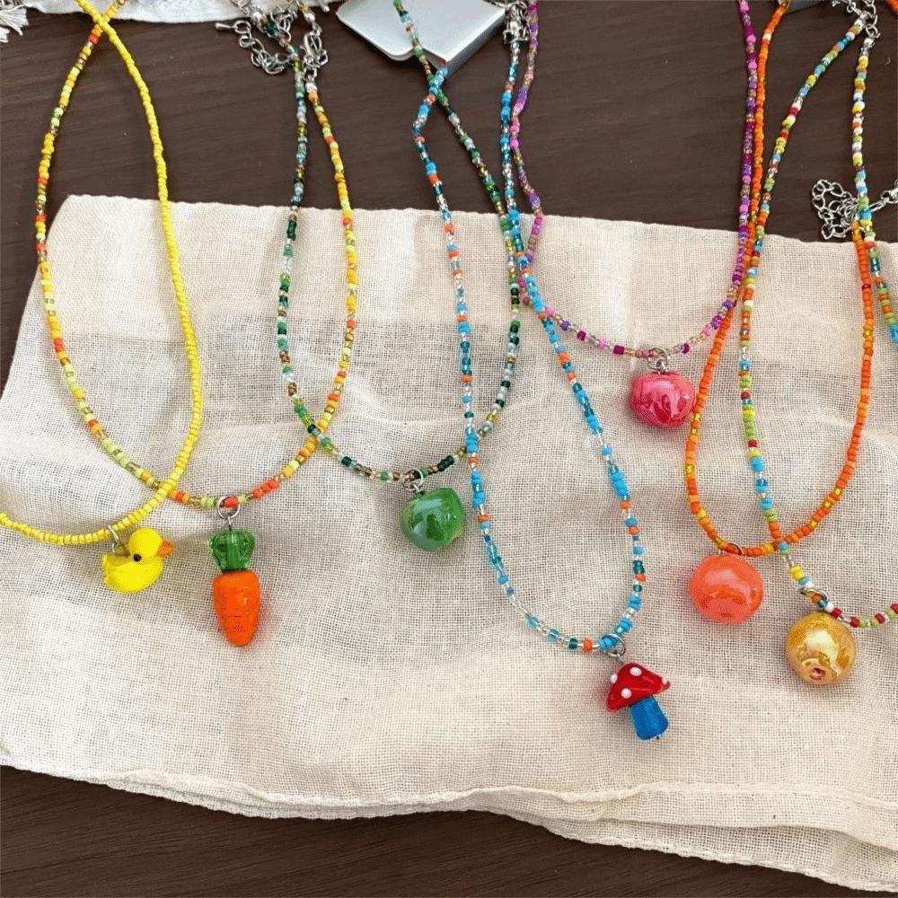 Various Fruit Pendant Necklace Rice Beads Pear Necklace Cute Persimmon Jewelry Gift