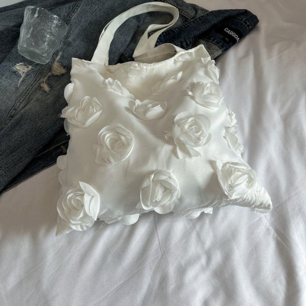 White Flower Tote Bag Large Capacity Canvas Bag Casual Nylon Cloth Handbag Vacation